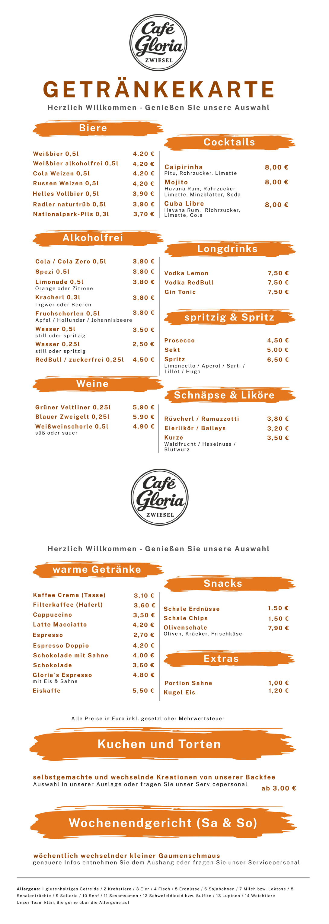 Café Gloria in Zwiesel - Getränke- und Speisekarte