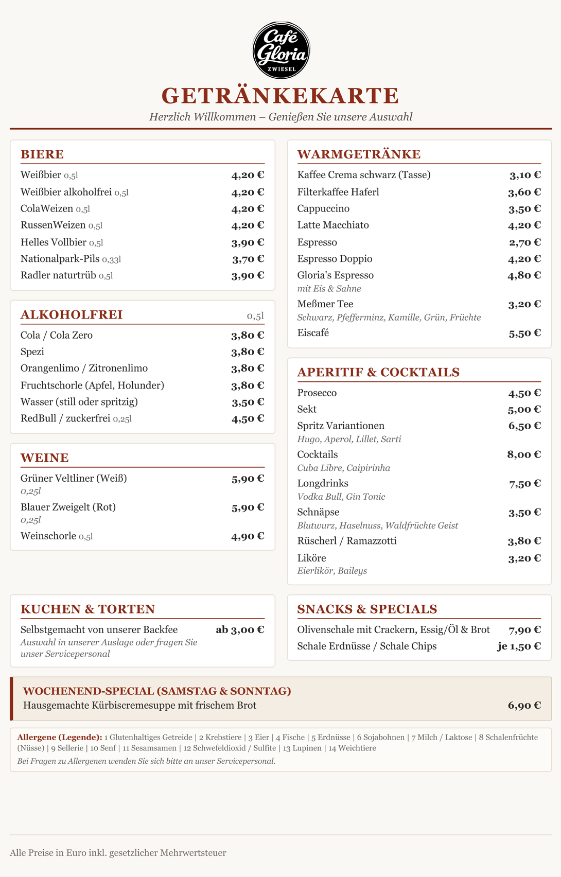 Caf� Gloria in Zwiesel - Getr�nke- und Speisekarte