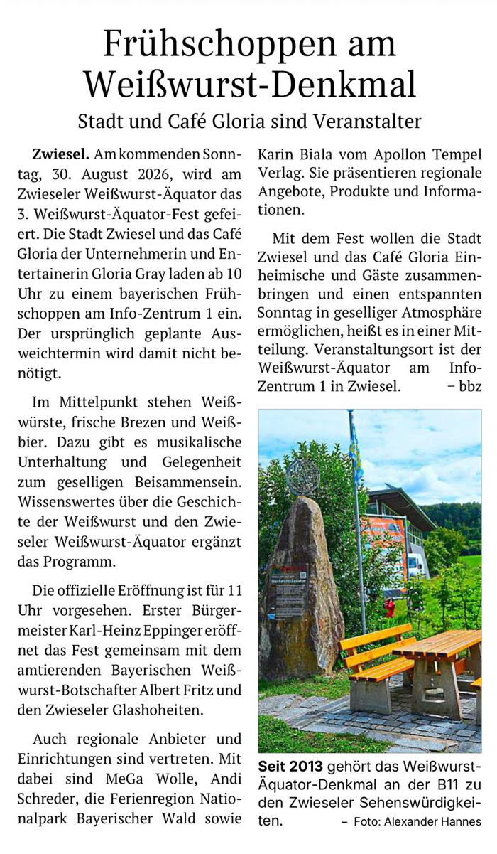 Caf� Gloria in Zwiesel - Termine: 3. Wei�wurst-�quator-Fest, Sonntag, 30. August 2026, Der Bayerwald-Bote, 28.08.2026